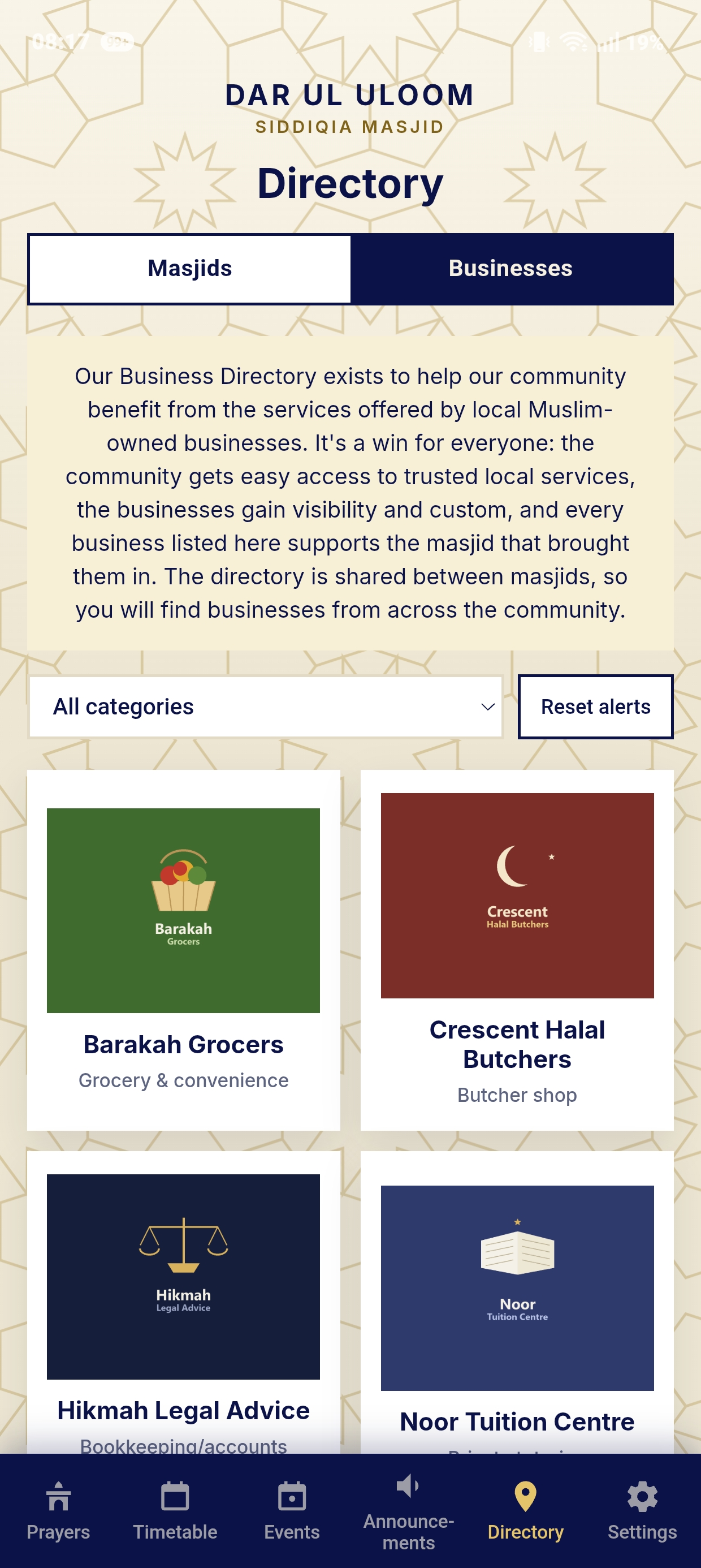 Masjid and business directory screen
